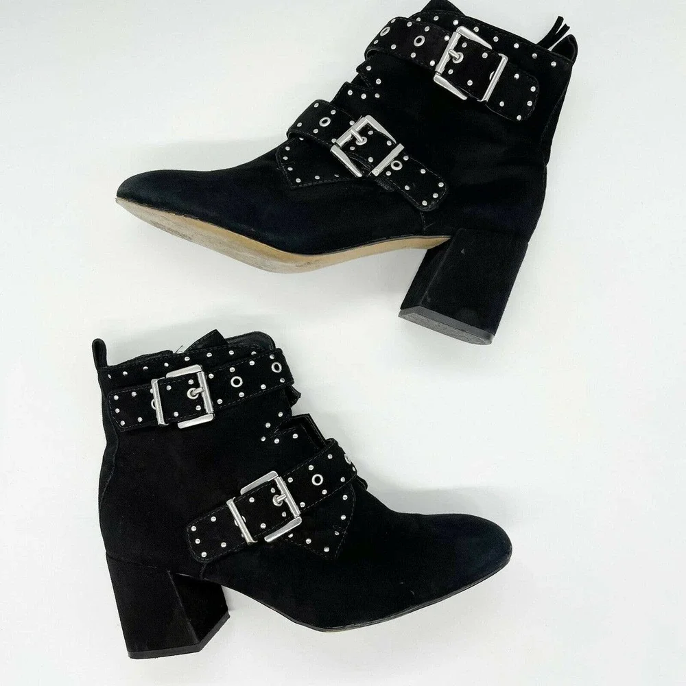 Rebecca Minkoff Logan Studded Booties Shoes‎ Sz 7.5 Black Suede Buckle Strap Zip